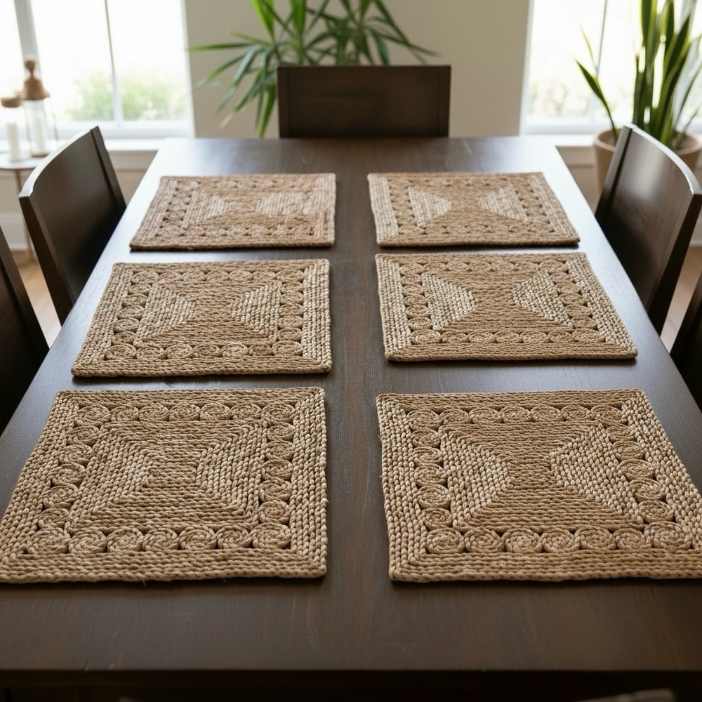 Beautiful set of 6 woven natural fiber placemats in a warm neutral tone